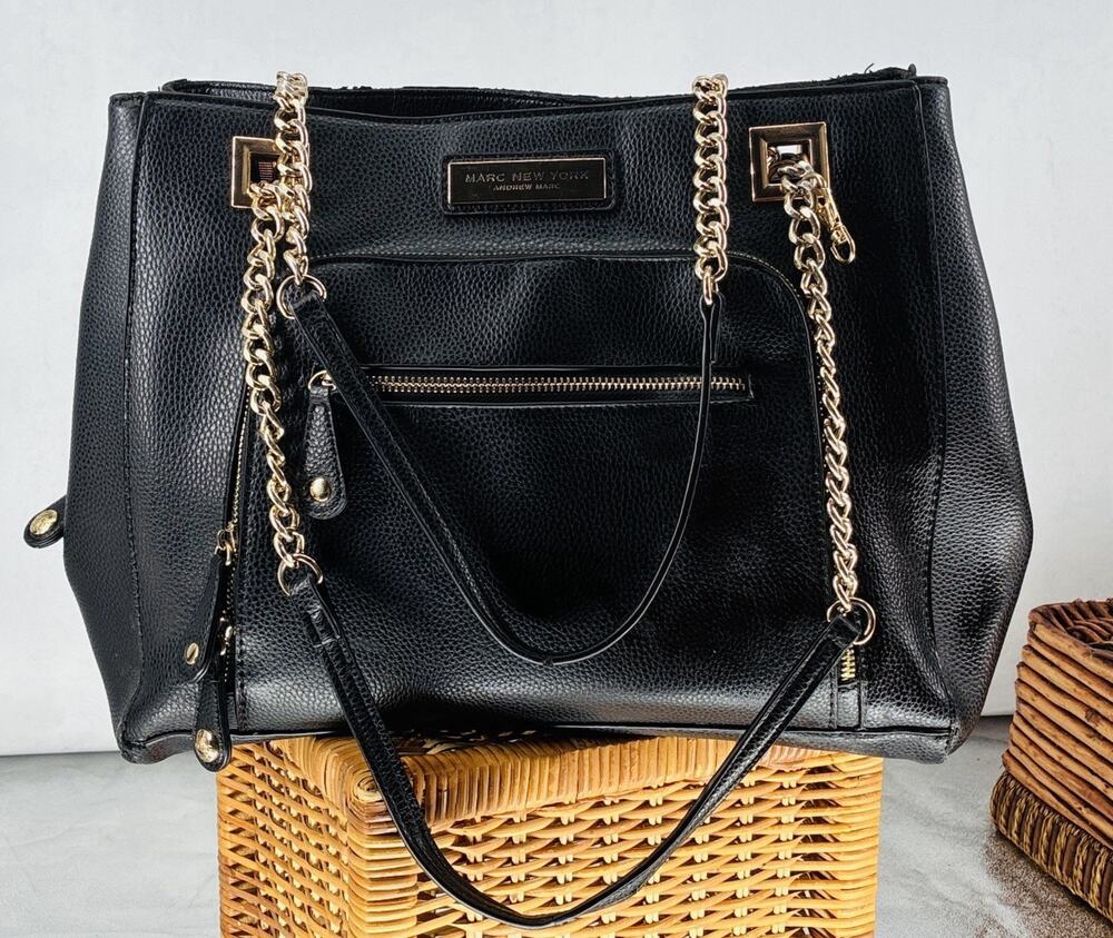 Marc New York Andrew Marc Black Pebbled Tote Bag Gold Chain Shoulder Purse READ